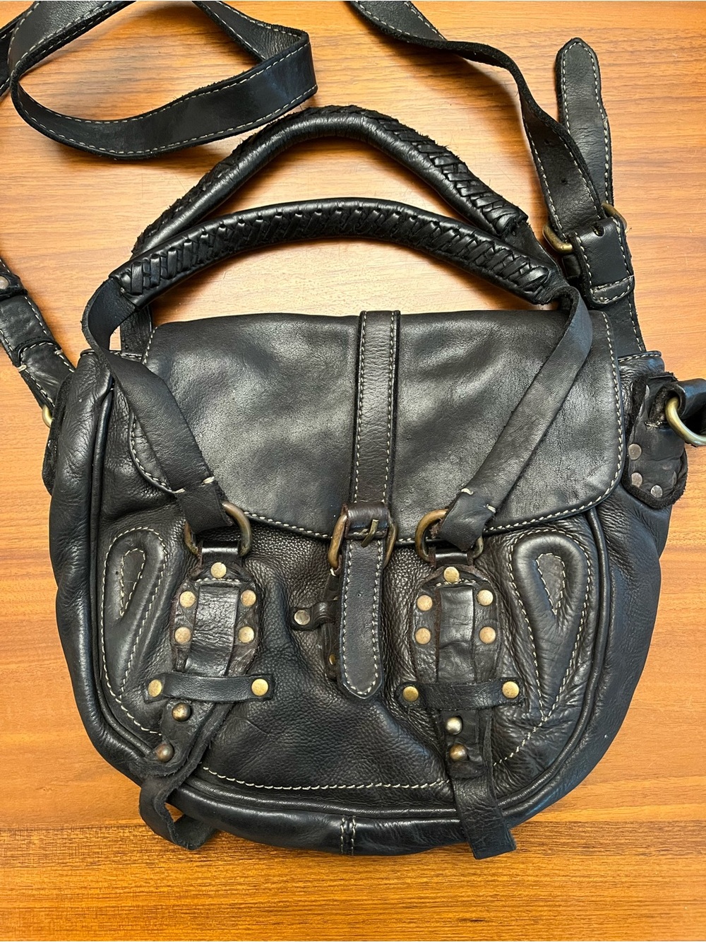 AllSaints Black Leather Shoulder Bag with Braided Handles